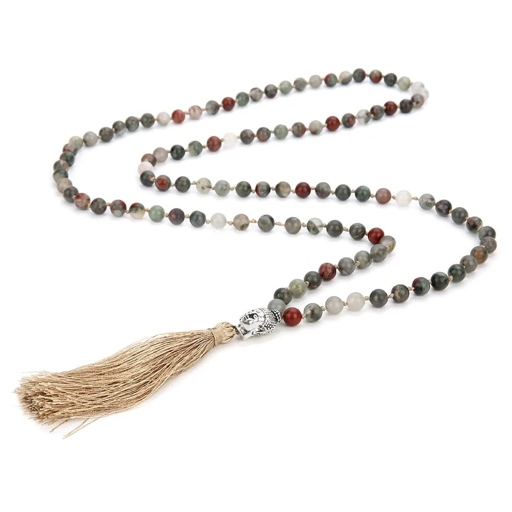 108 Mala Beaded Bloodstone Tassel Pendant Necklace