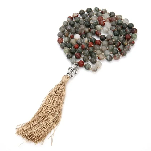 108 Mala Beaded Bloodstone Tassel Pendant Necklace