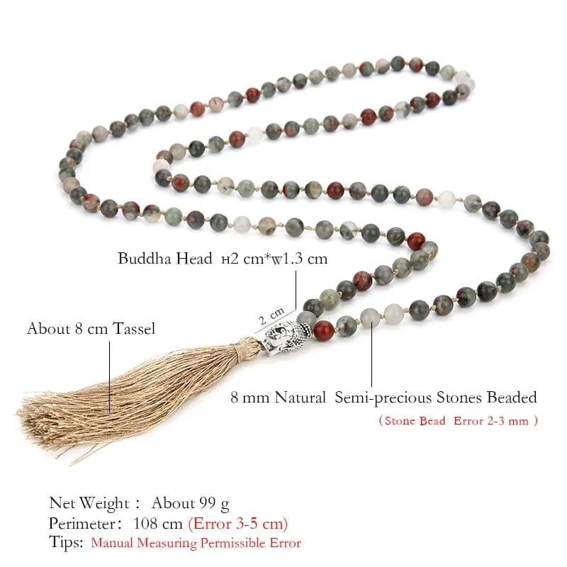 108 Mala Beaded Bloodstone Tassel Pendant Necklace