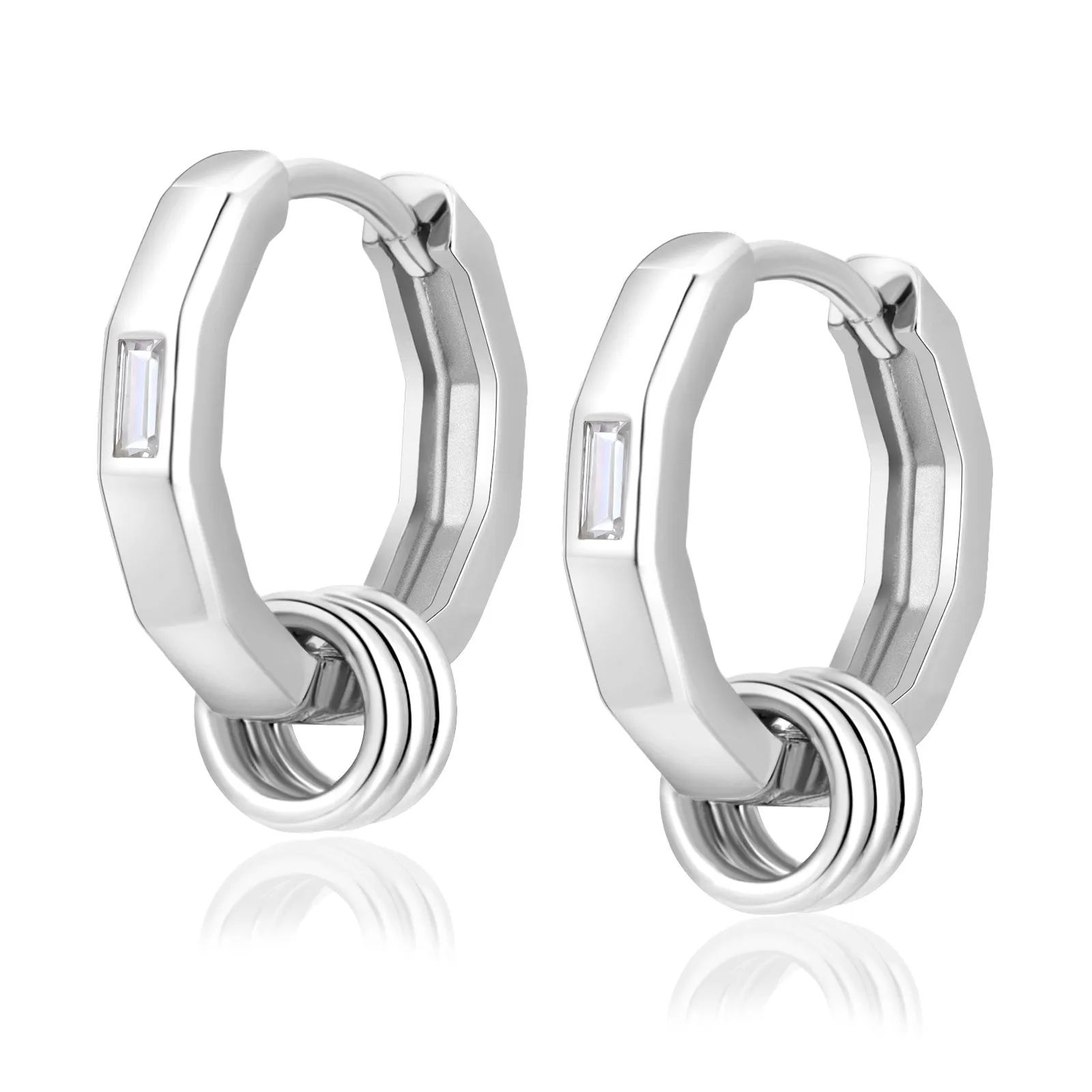 15mm 2in1 Mens Hoop Earrings Diamond Polygon with Detachable Rings 925 Sterling Silver