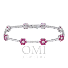 18K GOLD ROUND DIAMOND AND RUBY GEMSTONE FLOWER TENNIS BRACELET 7.15 CTW