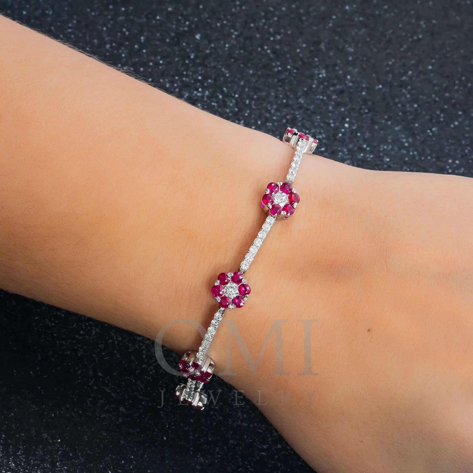 18K GOLD ROUND DIAMOND AND RUBY GEMSTONE FLOWER TENNIS BRACELET 7.15 CTW