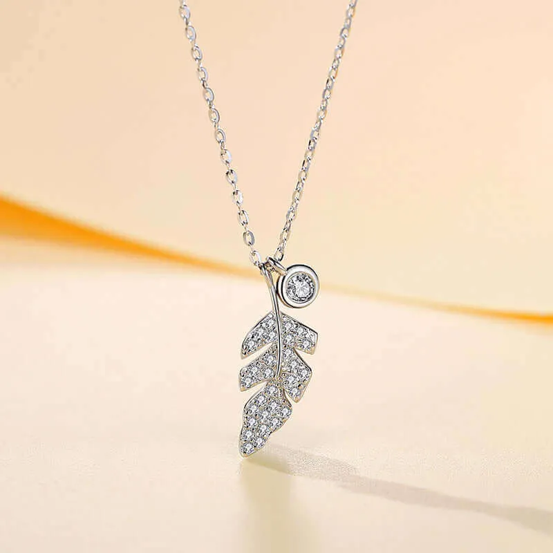 925 Sterling Silver CZ Diamond Feather Necklace