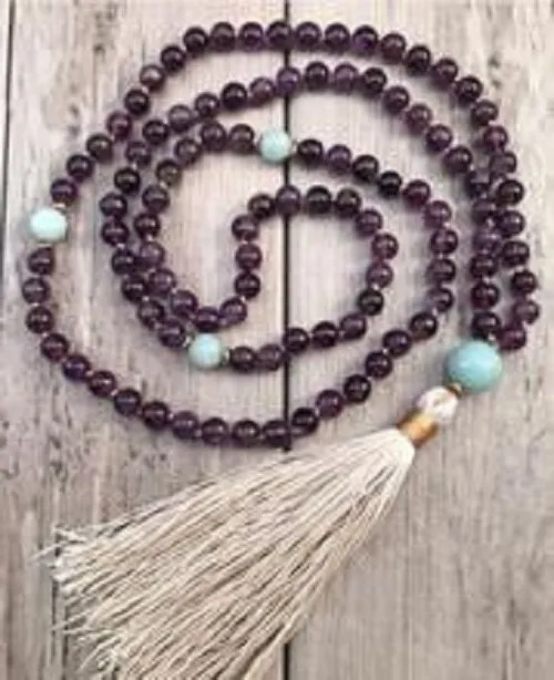 Amethyst Mala Tassel Beaded Necklace