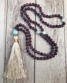 Amethyst Mala Tassel Beaded Necklace