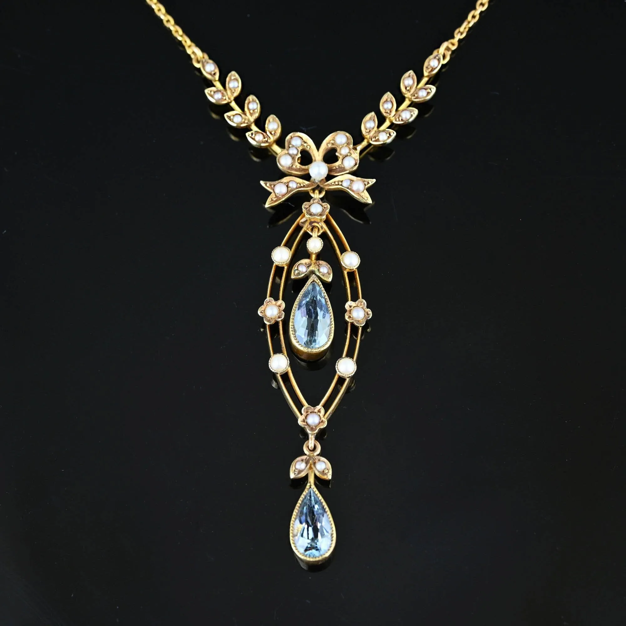 Antique Belle Epoque 15K Gold Pearl Aquamarine Necklace