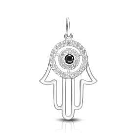 Black CZ Evil Eye Pendant in Sterling Silver Hamsa Hand