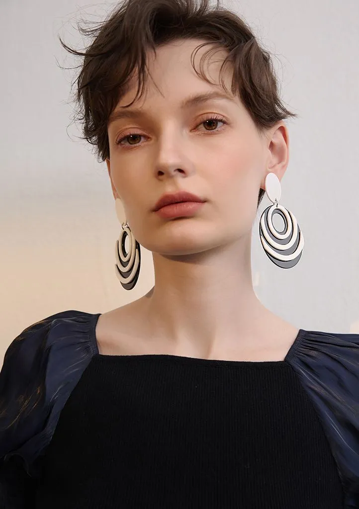 Black White Colorblock Oval Statement Earrings