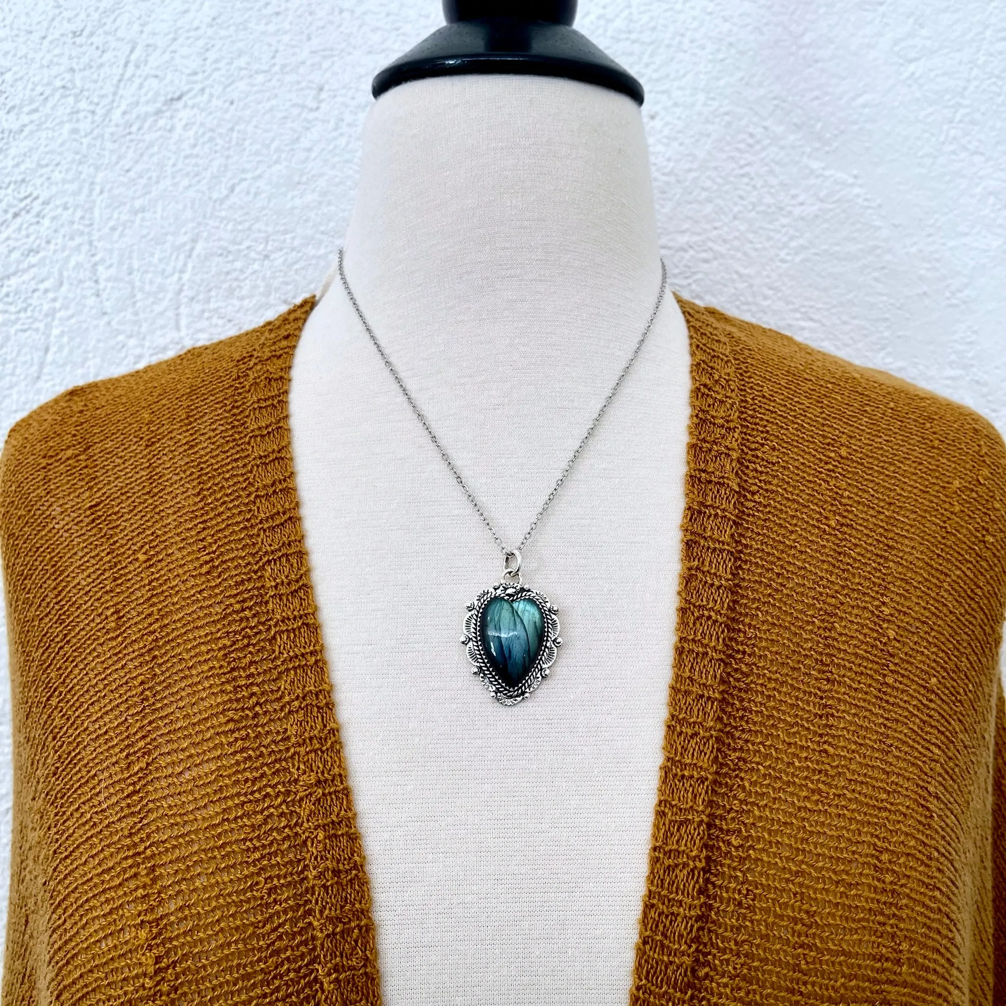 Blue Labradorite Crystal Heart Necklace in Sterling Silver  -Designed by FOXLARK Collection