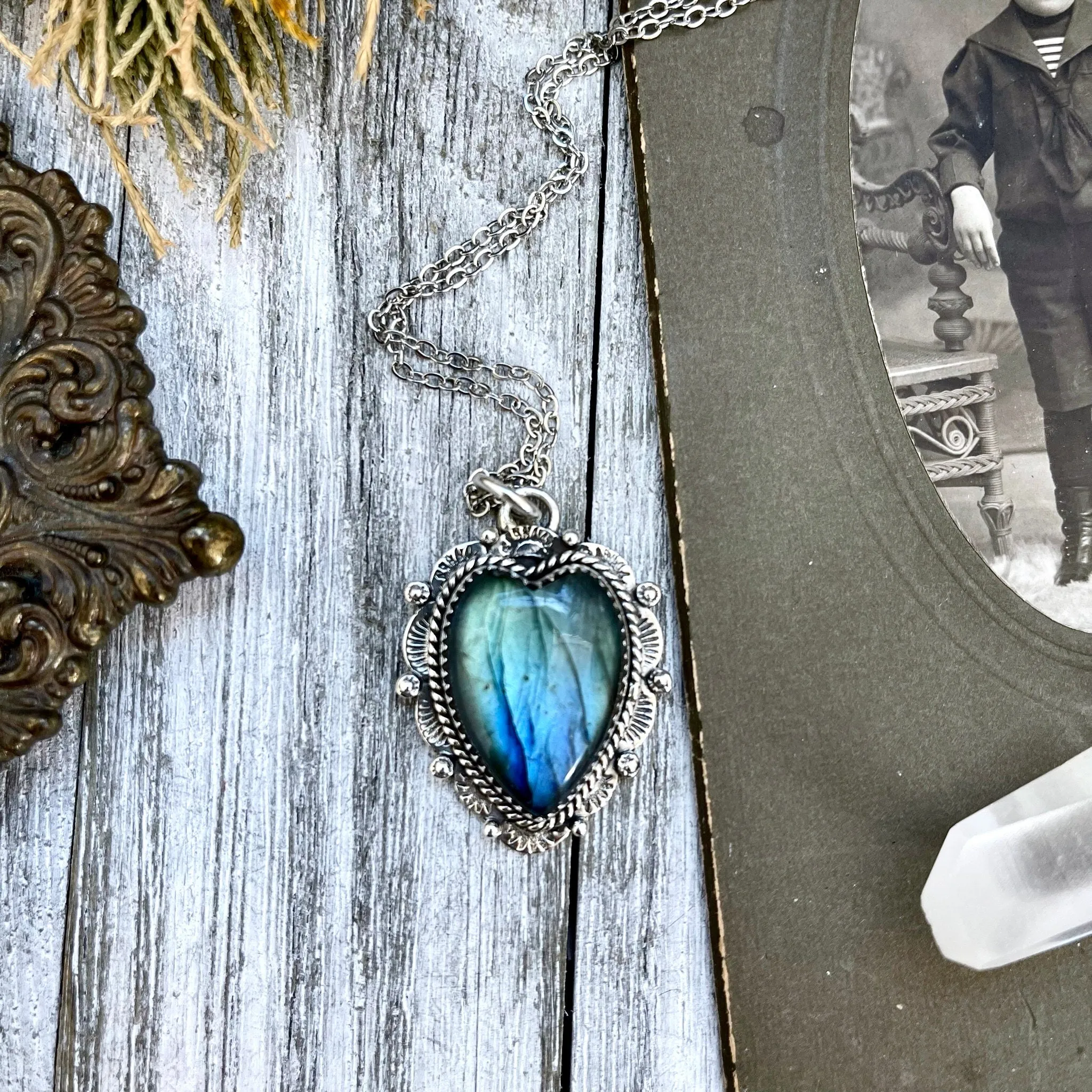 Blue Labradorite Crystal Heart Necklace in Sterling Silver  -Designed by FOXLARK Collection