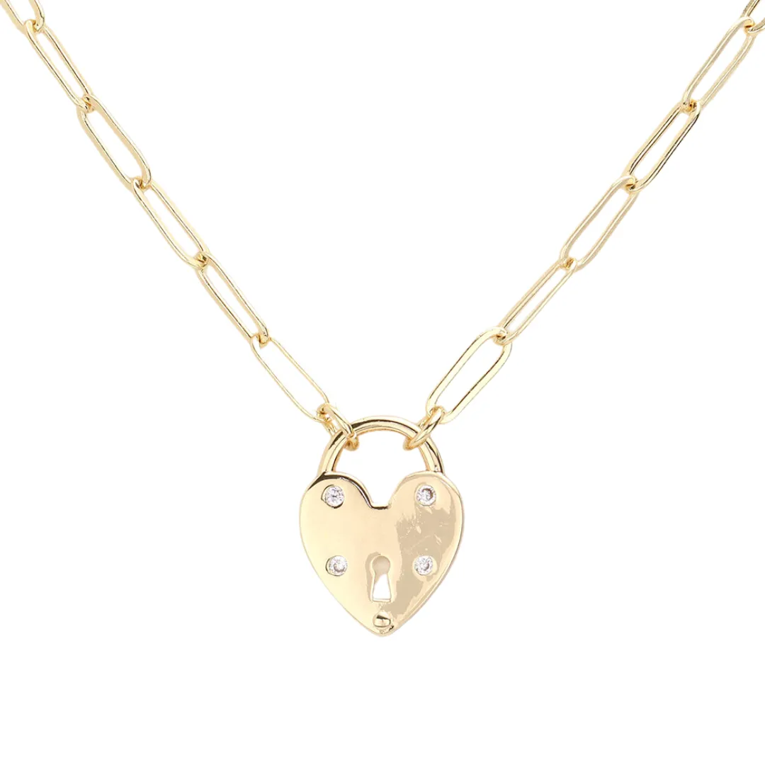 Brass Metal CZ Embellished Heart Lock Pendant Necklace