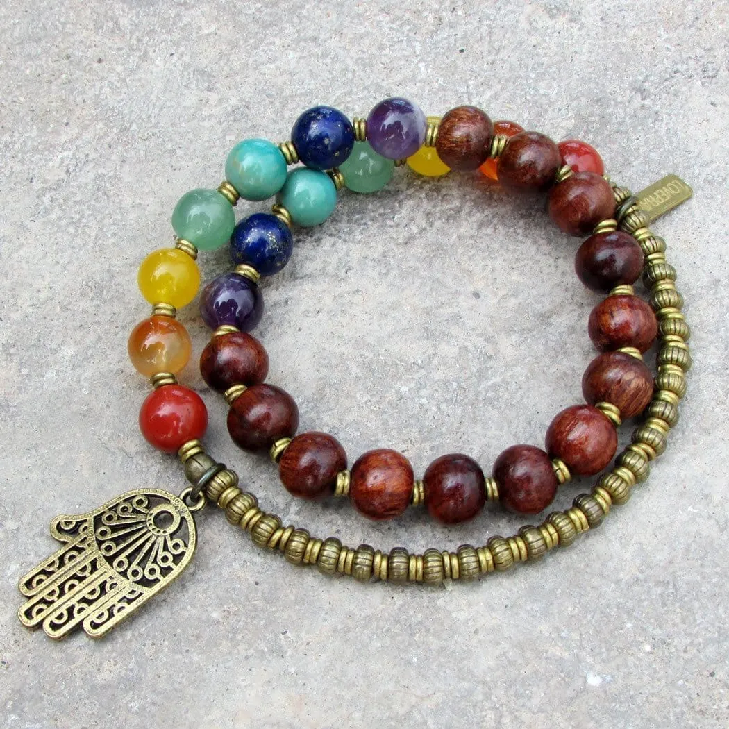 Chakra Bracelet, Genuine Gemstones and Wood 27 Bead Mala Wrap Chakra Bracelet