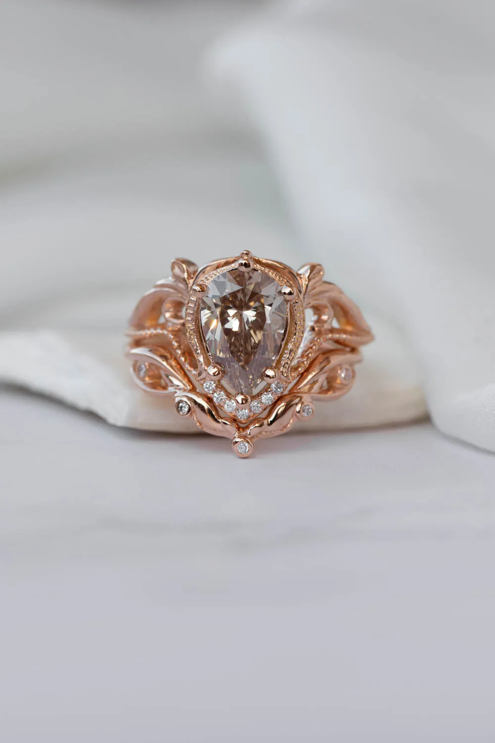 Champagne diamond rose gold engagement ring set, vintage inspired bridal ring set with diamonds / Lida