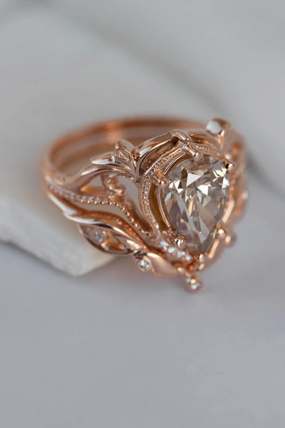 Champagne diamond rose gold engagement ring set, vintage inspired bridal ring set with diamonds / Lida