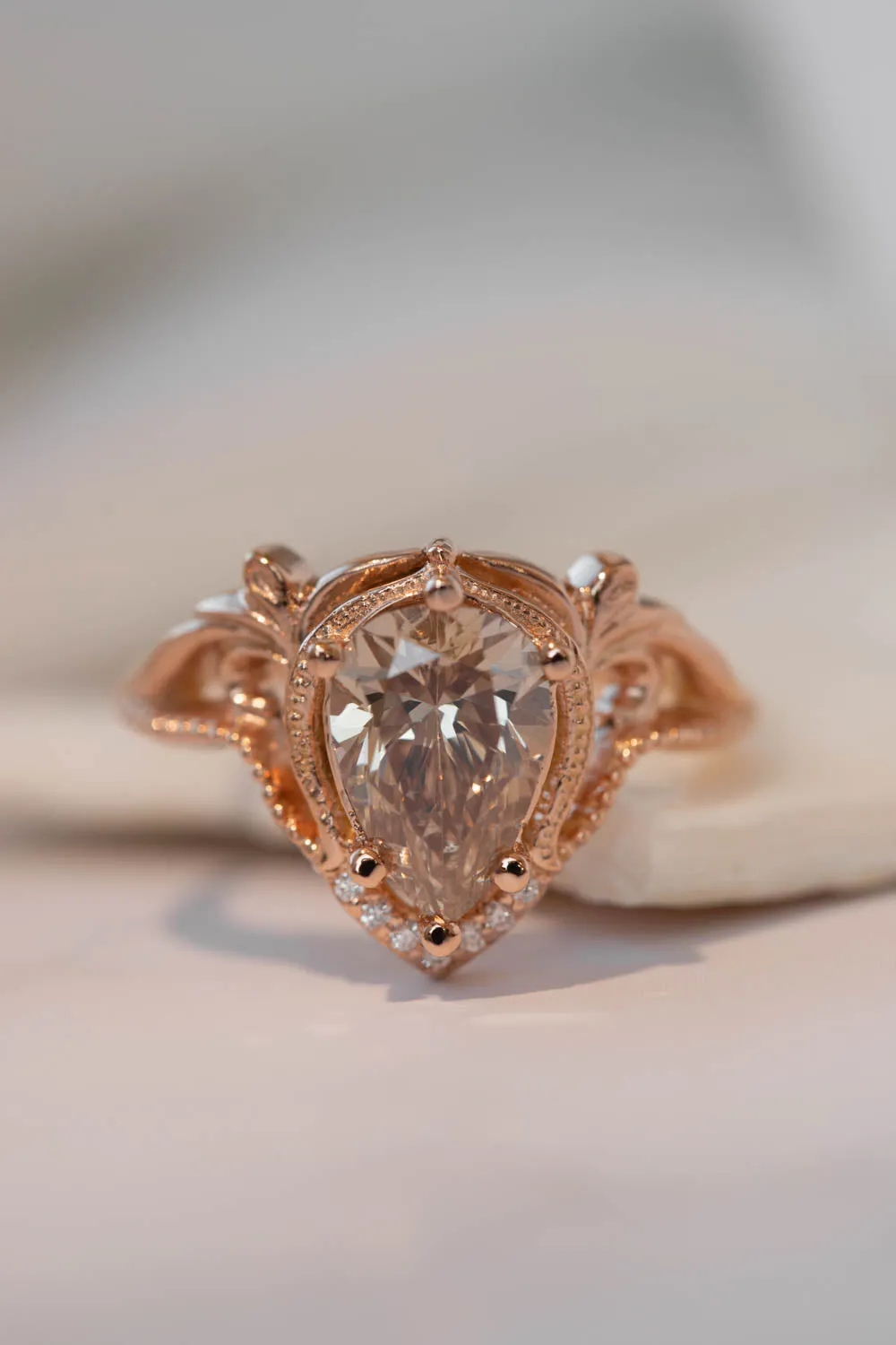 Champagne diamond rose gold engagement ring set, vintage inspired bridal ring set with diamonds / Lida