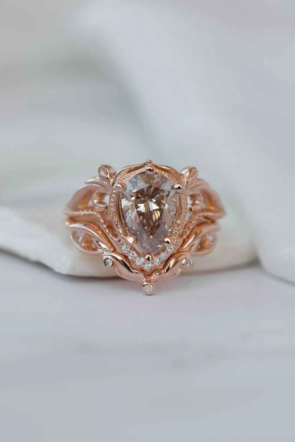 Champagne diamond rose gold engagement ring set, vintage inspired bridal ring set with diamonds / Lida