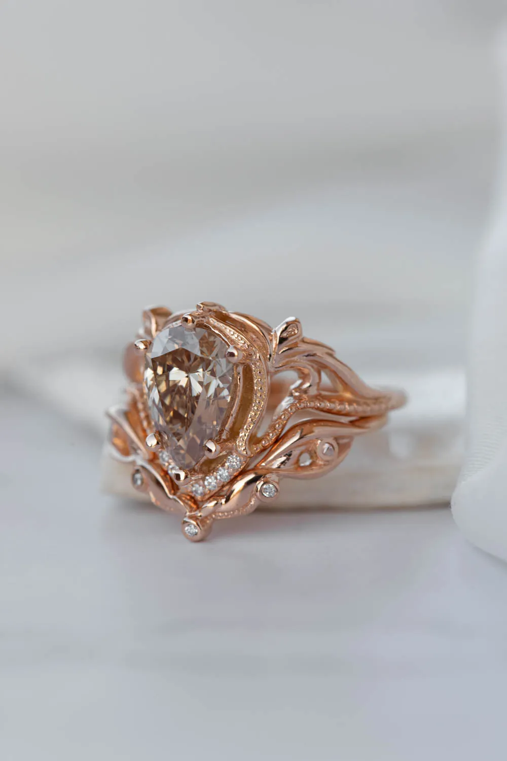 Champagne diamond rose gold engagement ring set, vintage inspired bridal ring set with diamonds / Lida