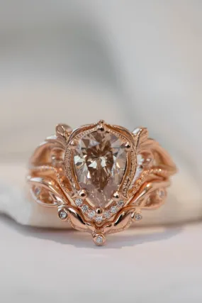 Champagne diamond rose gold engagement ring set, vintage inspired bridal ring set with diamonds / Lida