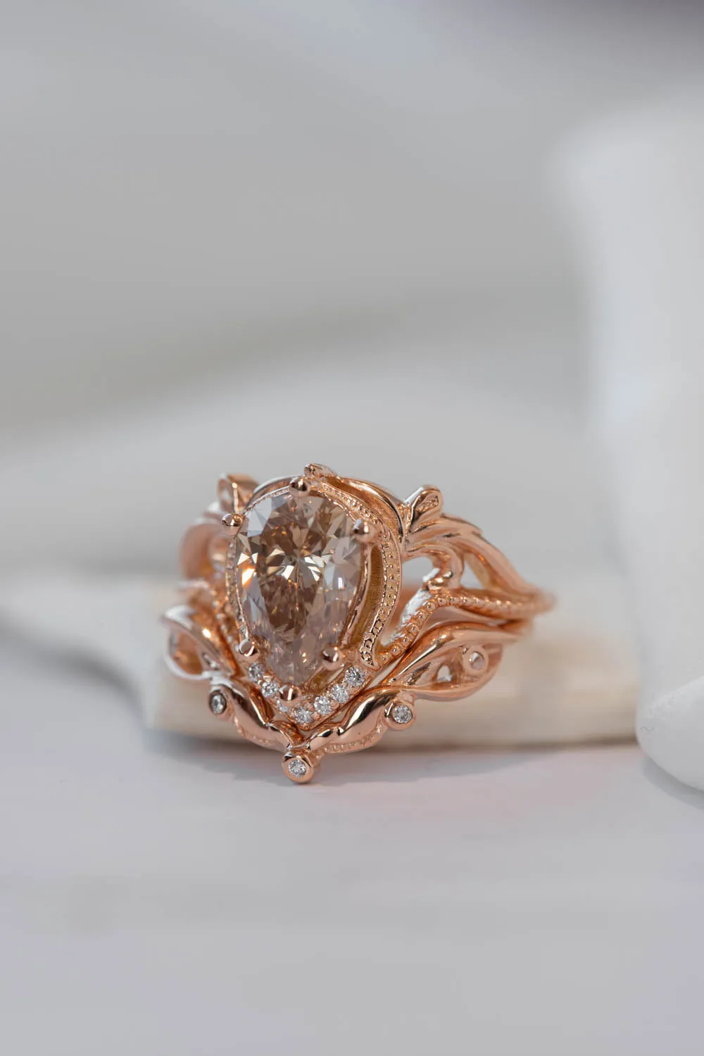 Champagne diamond rose gold engagement ring set, vintage inspired bridal ring set with diamonds / Lida