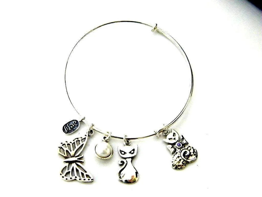 Charms Bracelet, Sterling Silver Bracelets ,  Cats Charms bracelet ,  Hippie Jewelry, Naif bracelet