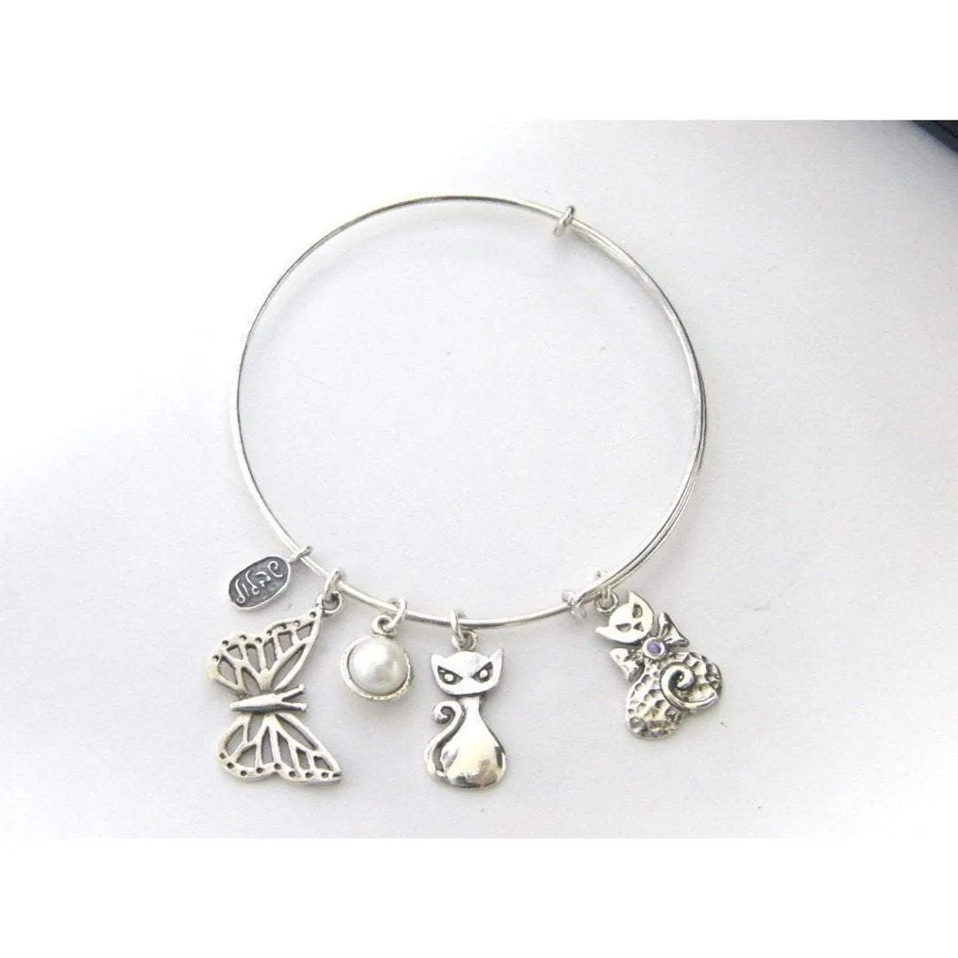 Charms Bracelet, Sterling Silver Bracelets ,  Cats Charms bracelet ,  Hippie Jewelry, Naif bracelet