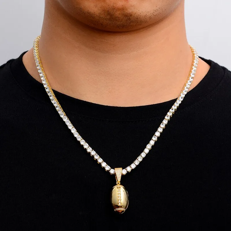 Cubic-Zirconia-Studded Football Hip-hop Pendant Necklace