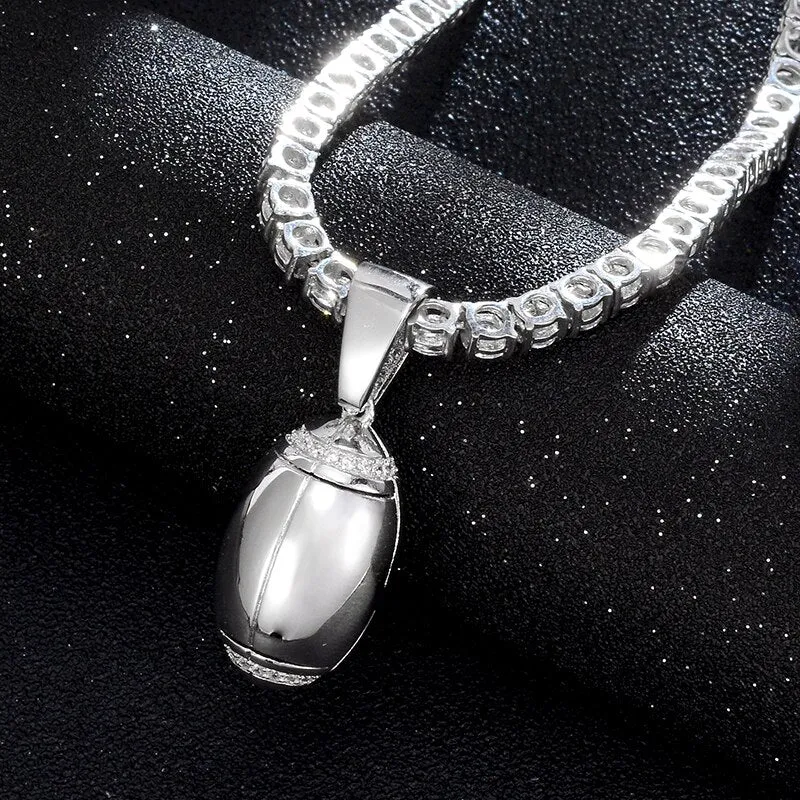 Cubic-Zirconia-Studded Football Hip-hop Pendant Necklace