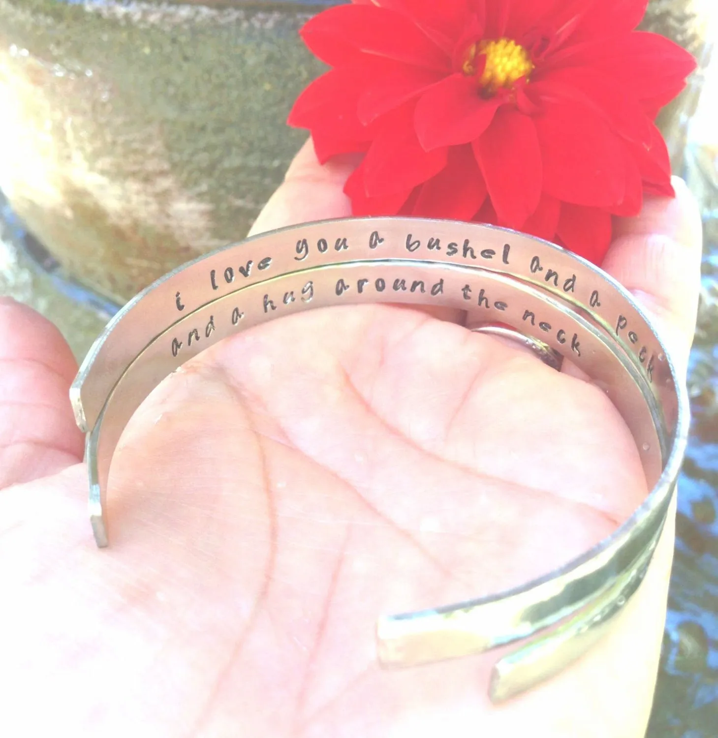 cuff, bracelet, personalized bracelets, i love you a bushel and a peck and a hug around the neck, mother daughter bracelet, quote bracelet