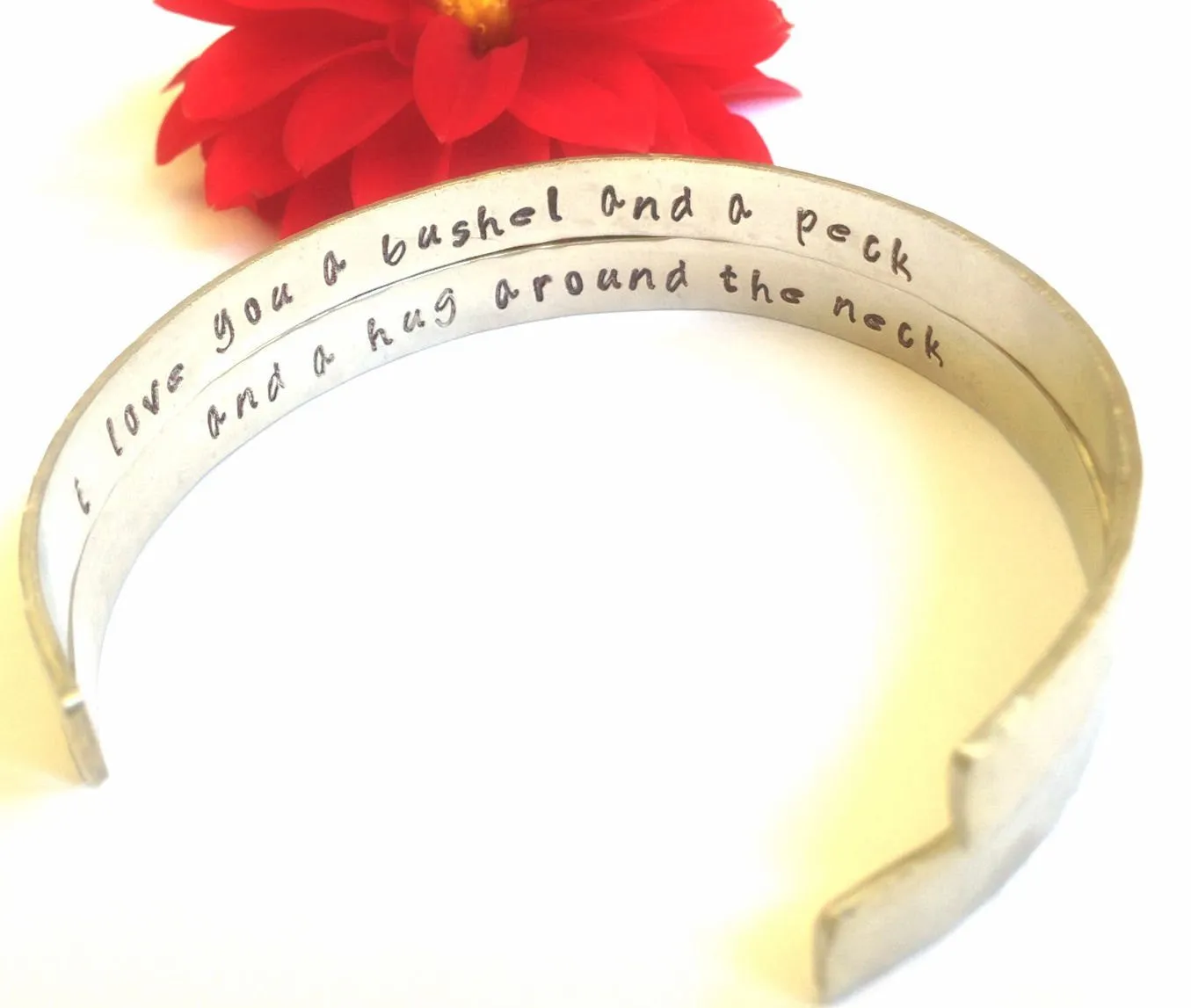 cuff, bracelet, personalized bracelets, i love you a bushel and a peck and a hug around the neck, mother daughter bracelet, quote bracelet