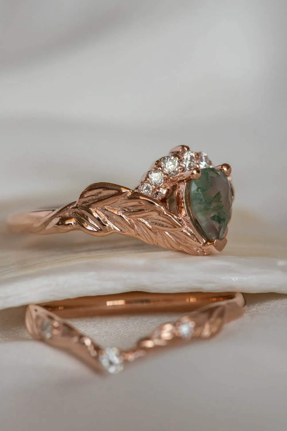 Diamond crown engagement ring set with natural moss agate / Palmira Crown