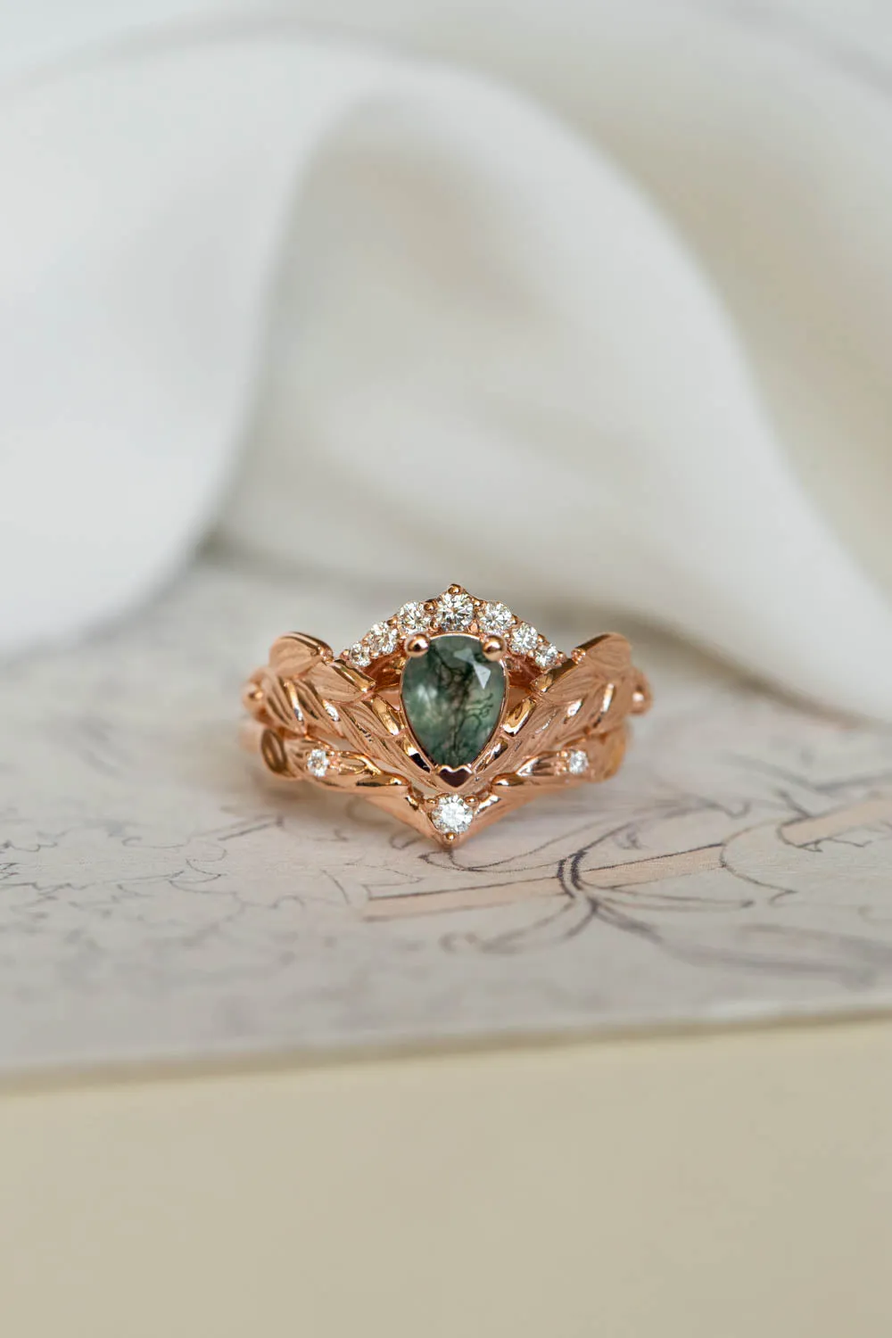 Diamond crown engagement ring set with natural moss agate / Palmira Crown