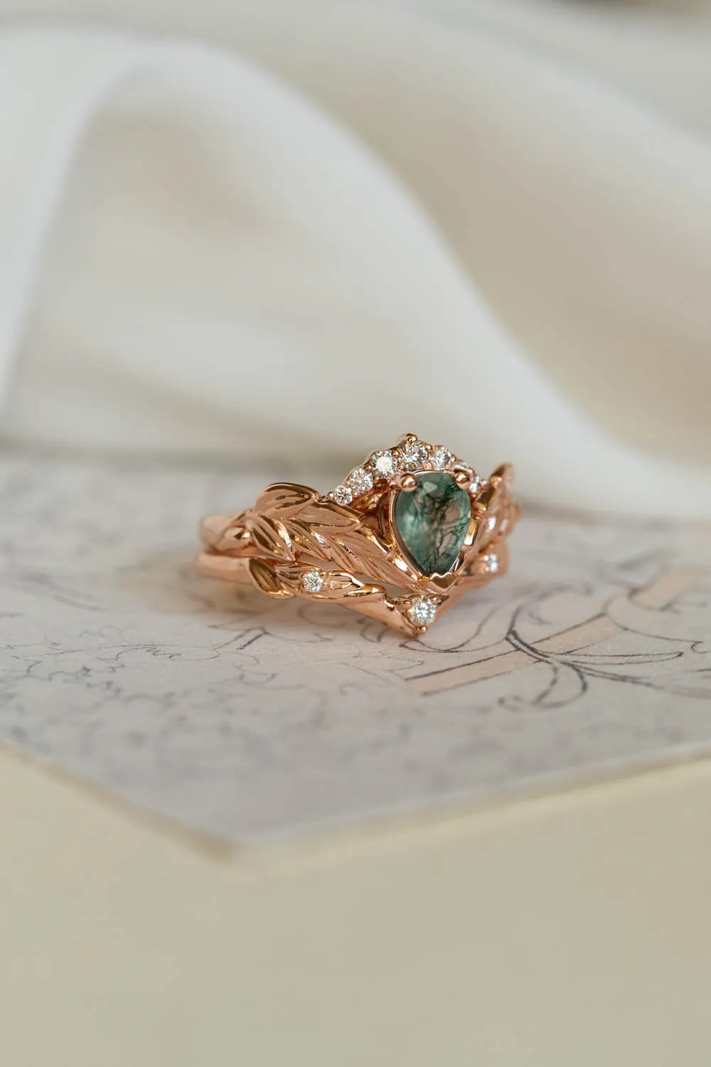 Diamond crown engagement ring set with natural moss agate / Palmira Crown