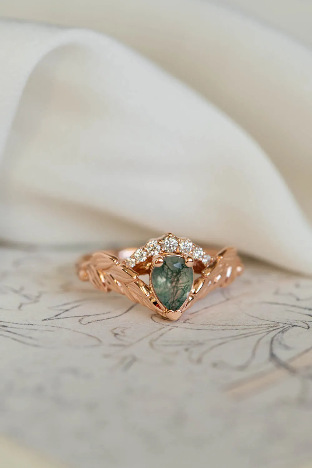 Diamond crown engagement ring set with natural moss agate / Palmira Crown