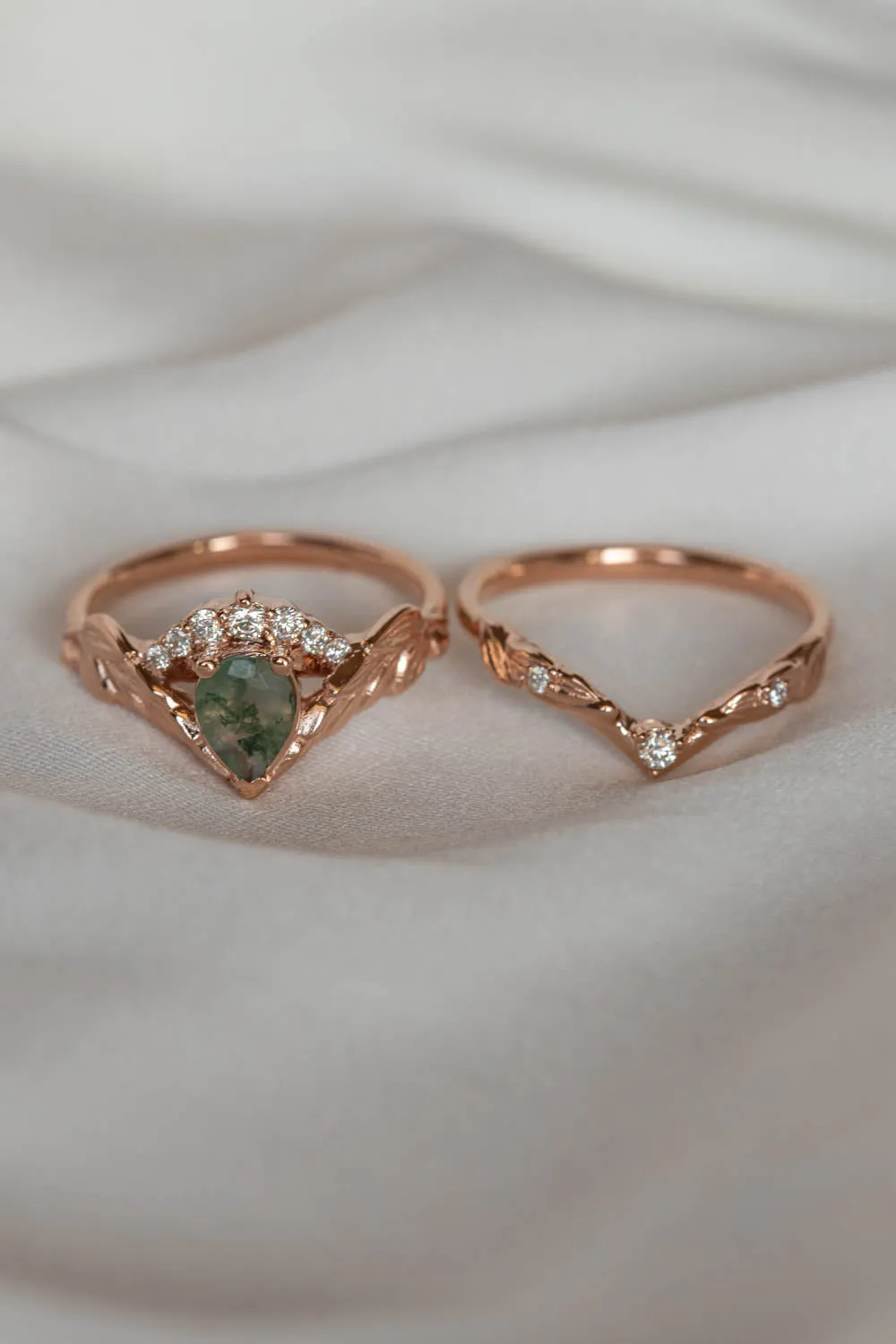 Diamond crown engagement ring set with natural moss agate / Palmira Crown