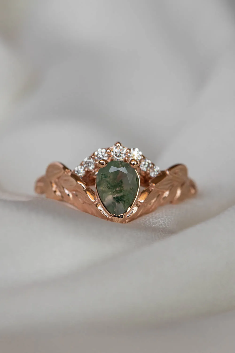 Diamond crown engagement ring set with natural moss agate / Palmira Crown