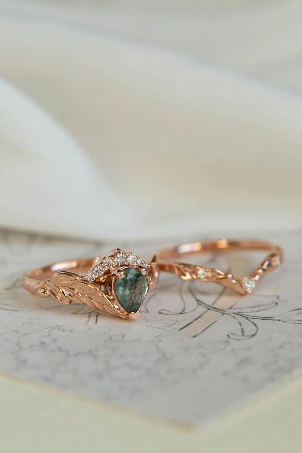 Diamond crown engagement ring set with natural moss agate / Palmira Crown