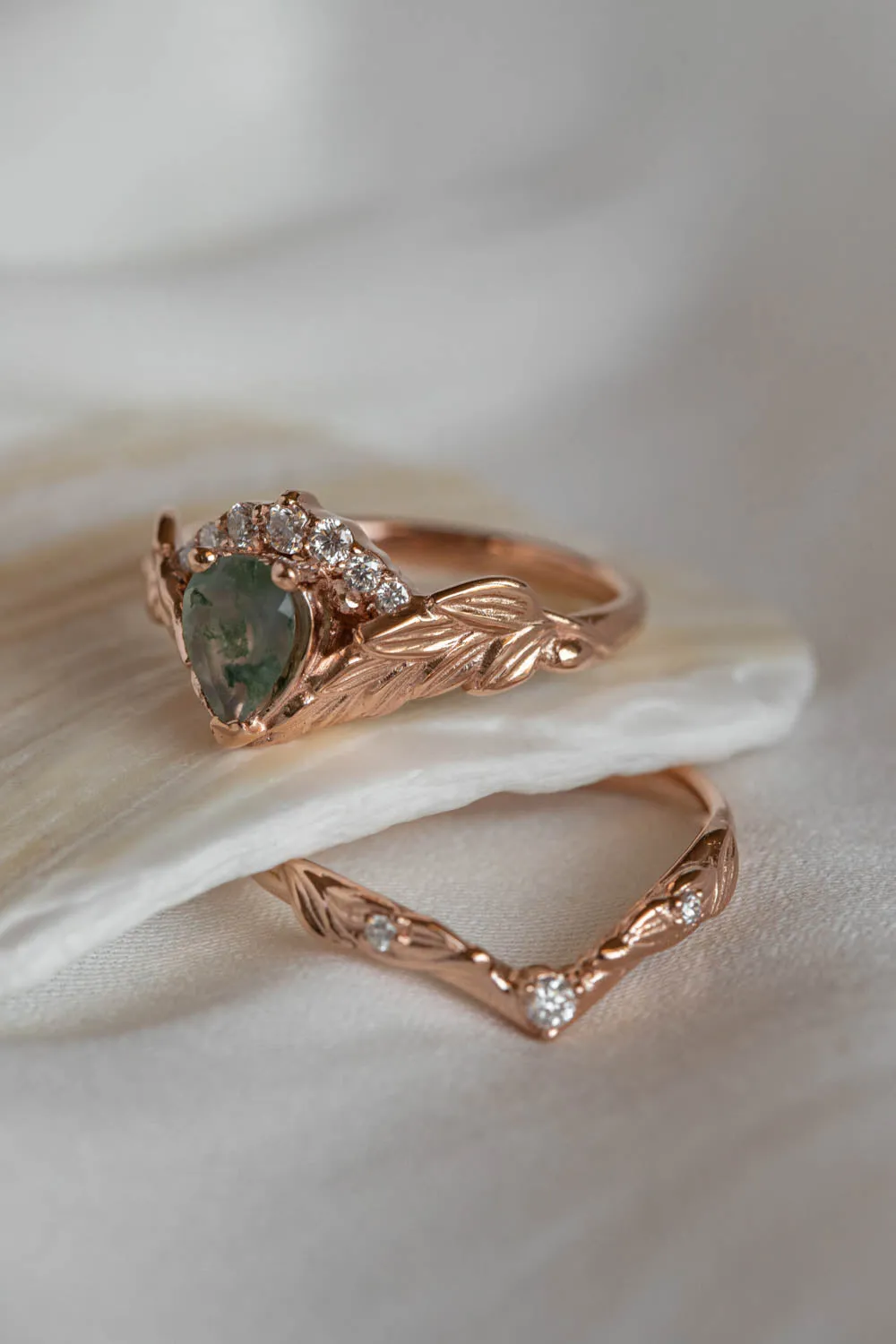 Diamond crown engagement ring set with natural moss agate / Palmira Crown