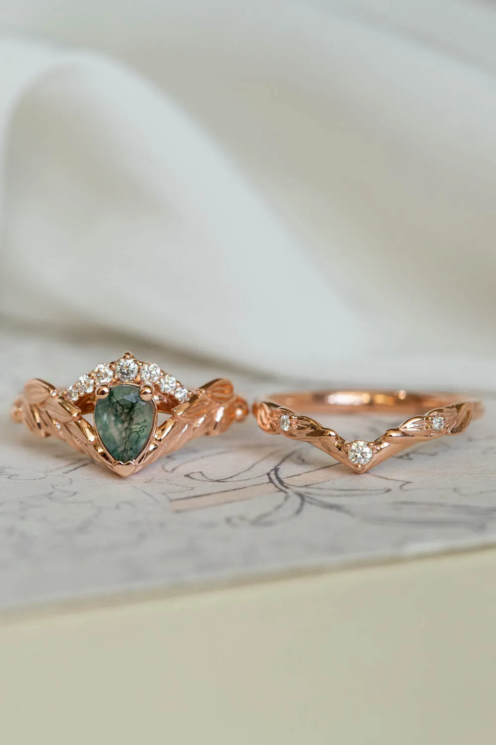 Diamond crown engagement ring set with natural moss agate / Palmira Crown