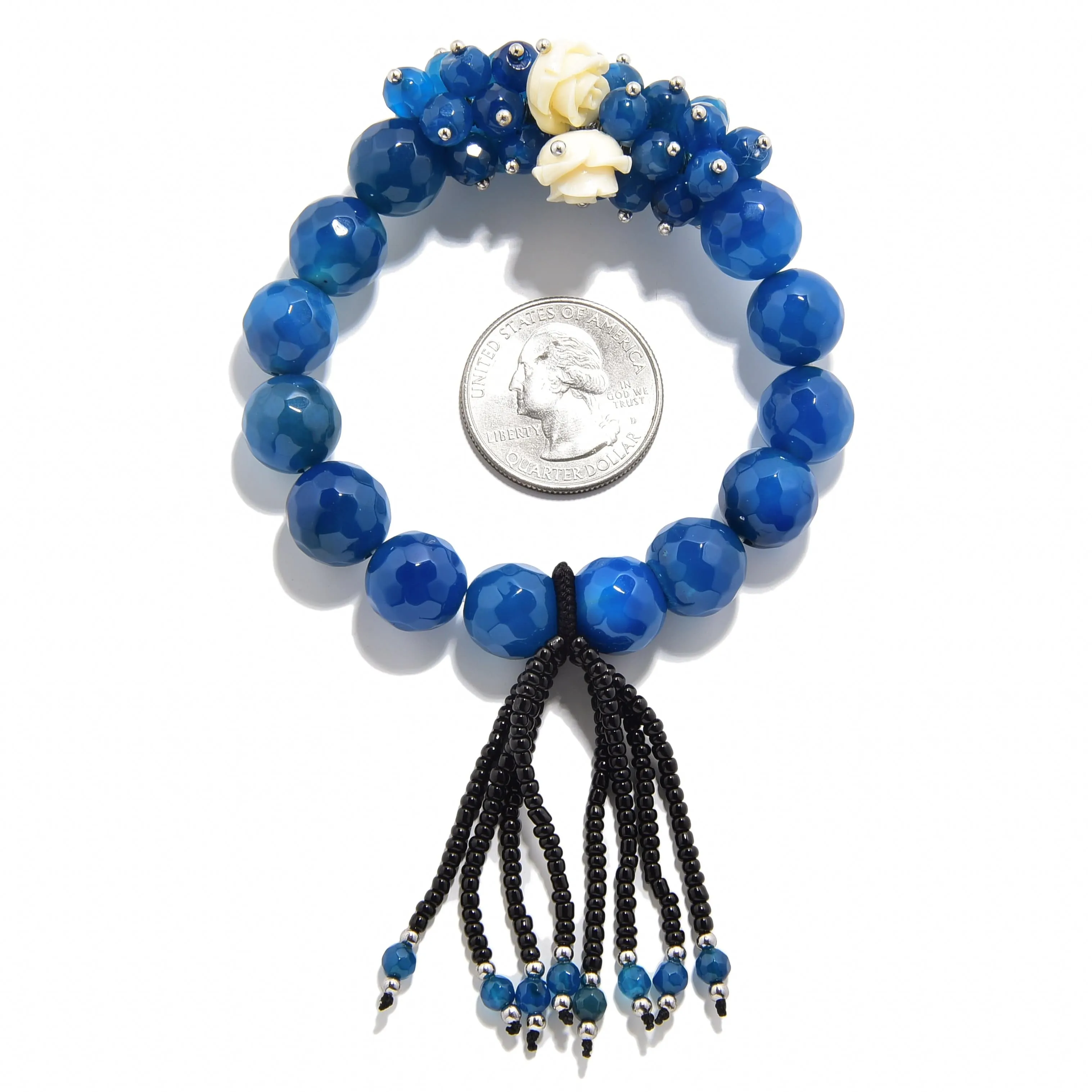 Faceted Blue Agate with Flower Accents 12mm Gemstone Bead Elastic Bracelet