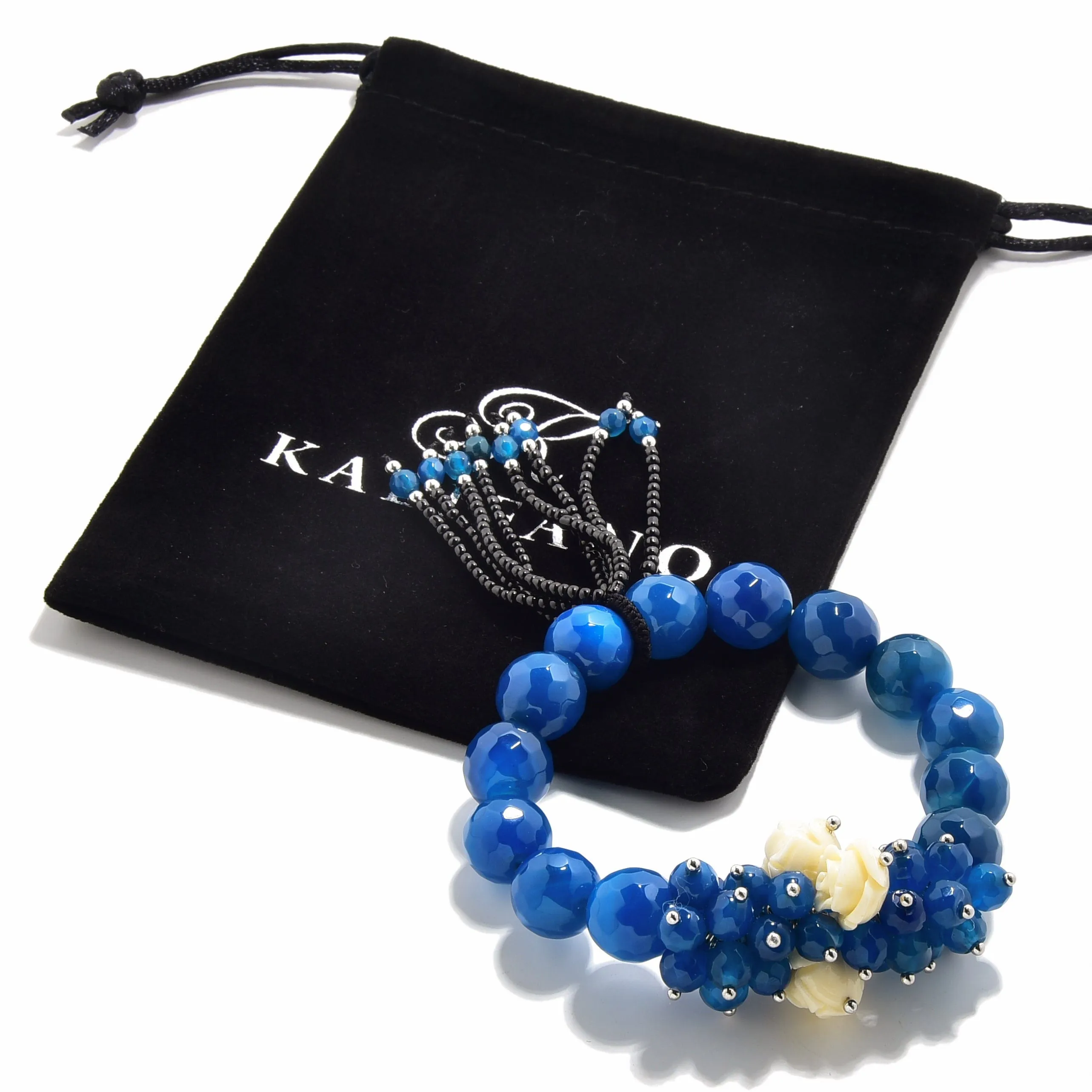 Faceted Blue Agate with Flower Accents 12mm Gemstone Bead Elastic Bracelet