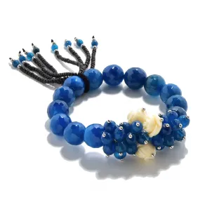 Faceted Blue Agate with Flower Accents 12mm Gemstone Bead Elastic Bracelet