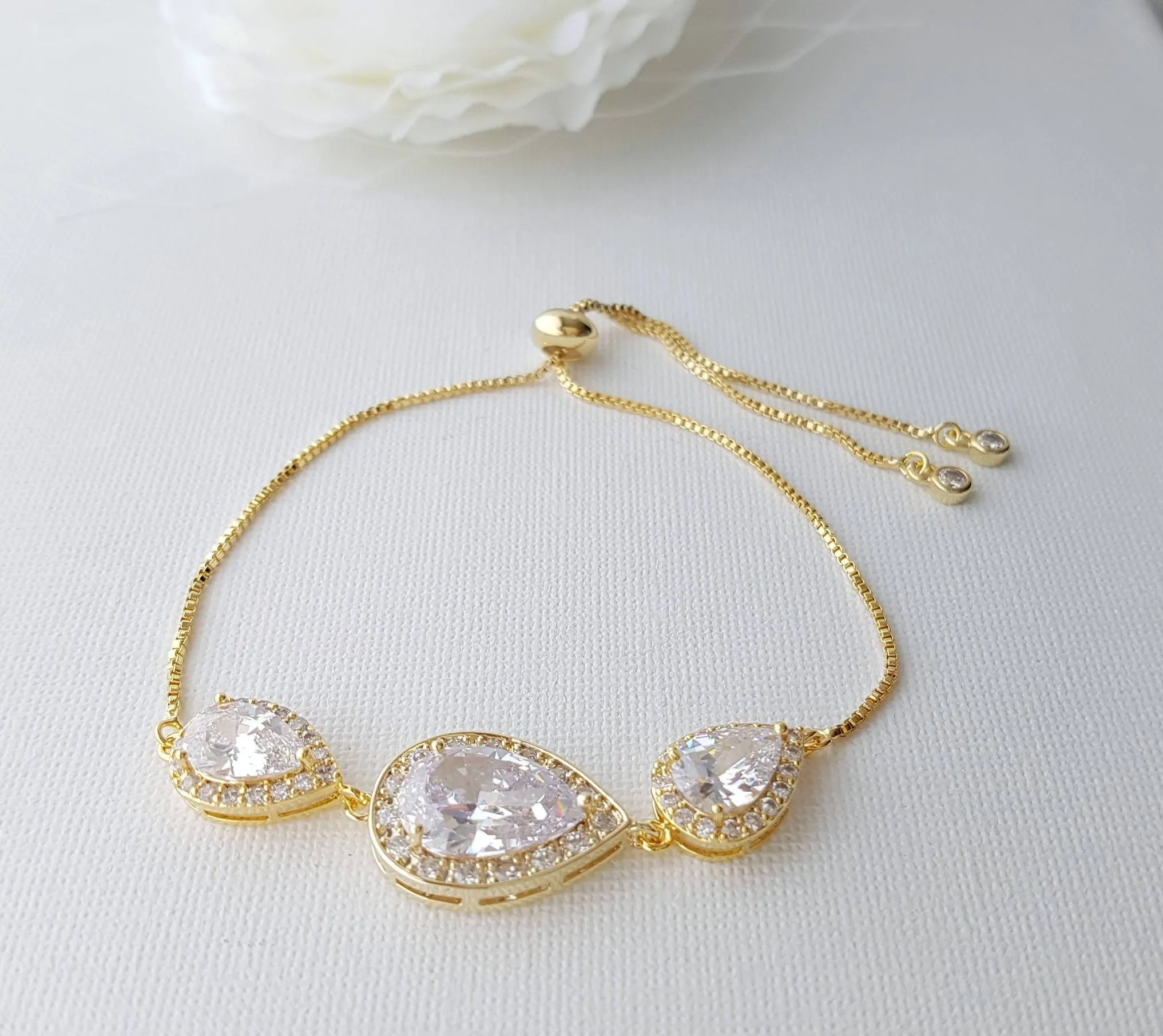 Gold Bridal Bracelet, Gold Wedding Jewelry, Gold Crystal Bracelet, Clear Cubic Zirconia, Gold Teardrop Bracelet, Bridesmaid Bracelet, Evelyn