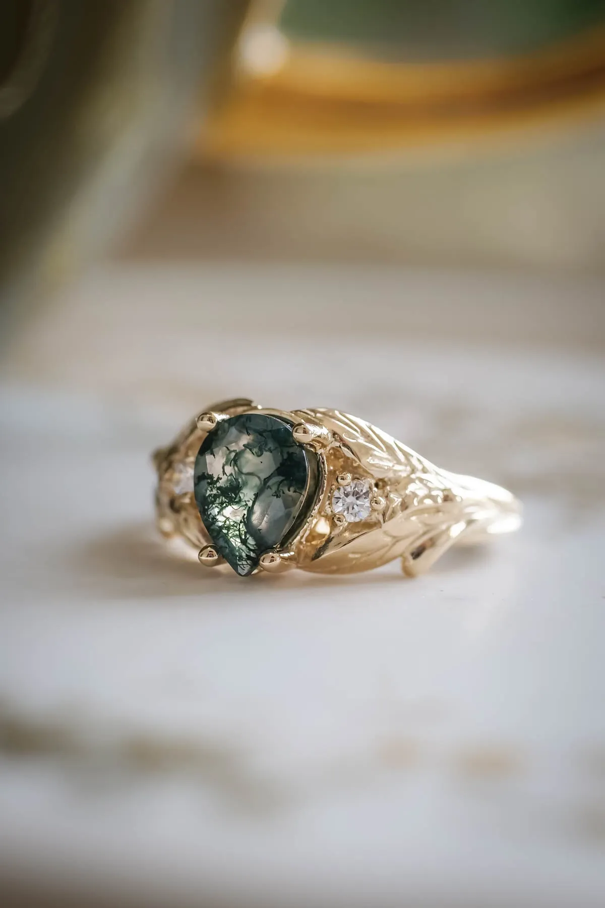 Green moss agate engagement ring, promise leaf ring with diamonds / Wisteria