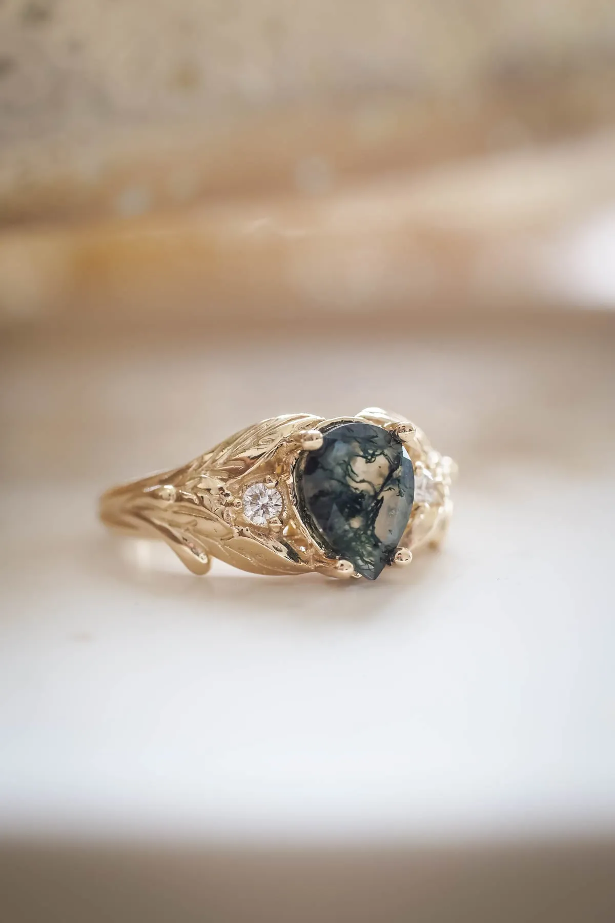 Green moss agate engagement ring, promise leaf ring with diamonds / Wisteria