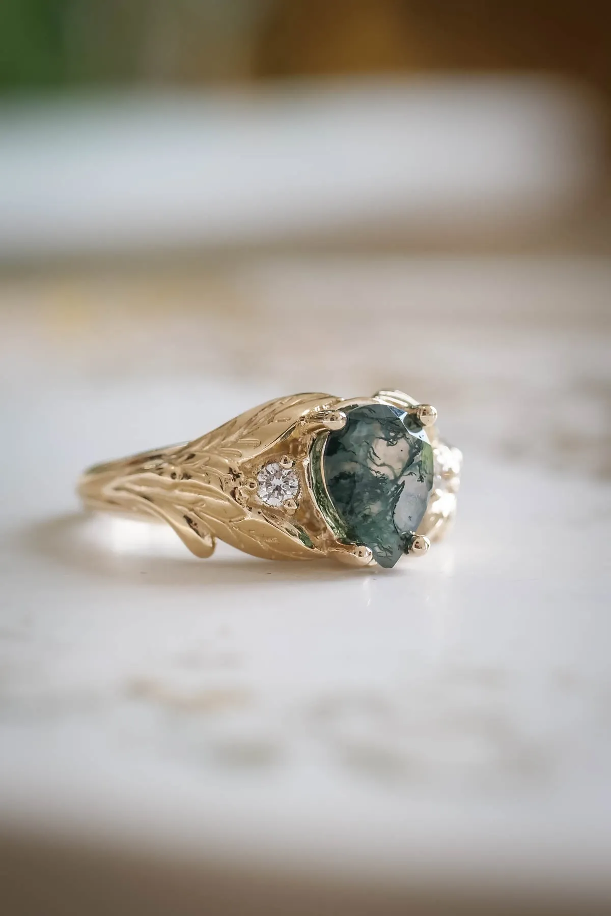 Green moss agate engagement ring, promise leaf ring with diamonds / Wisteria