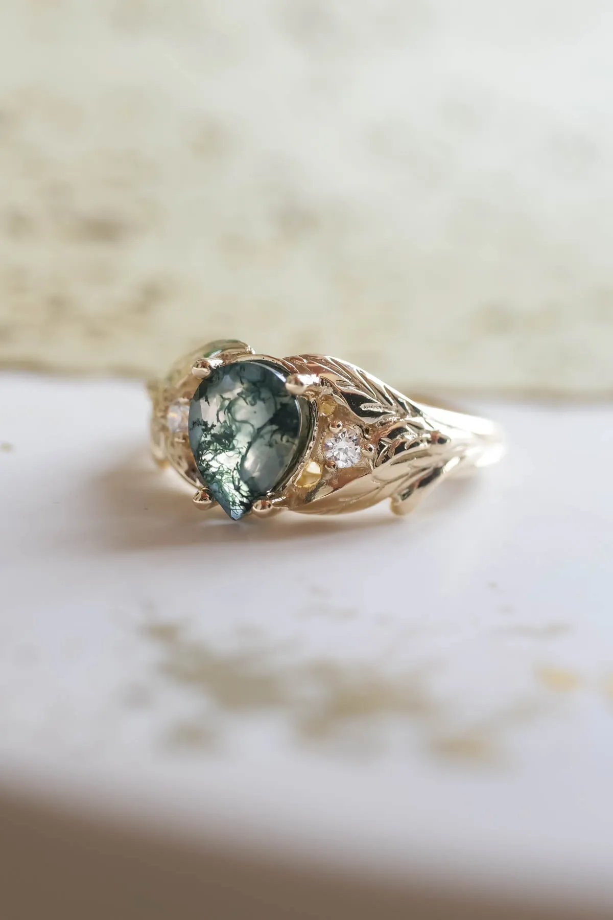 Green moss agate engagement ring, promise leaf ring with diamonds / Wisteria