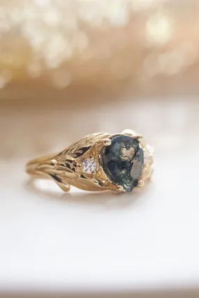 Green moss agate engagement ring, promise leaf ring with diamonds / Wisteria