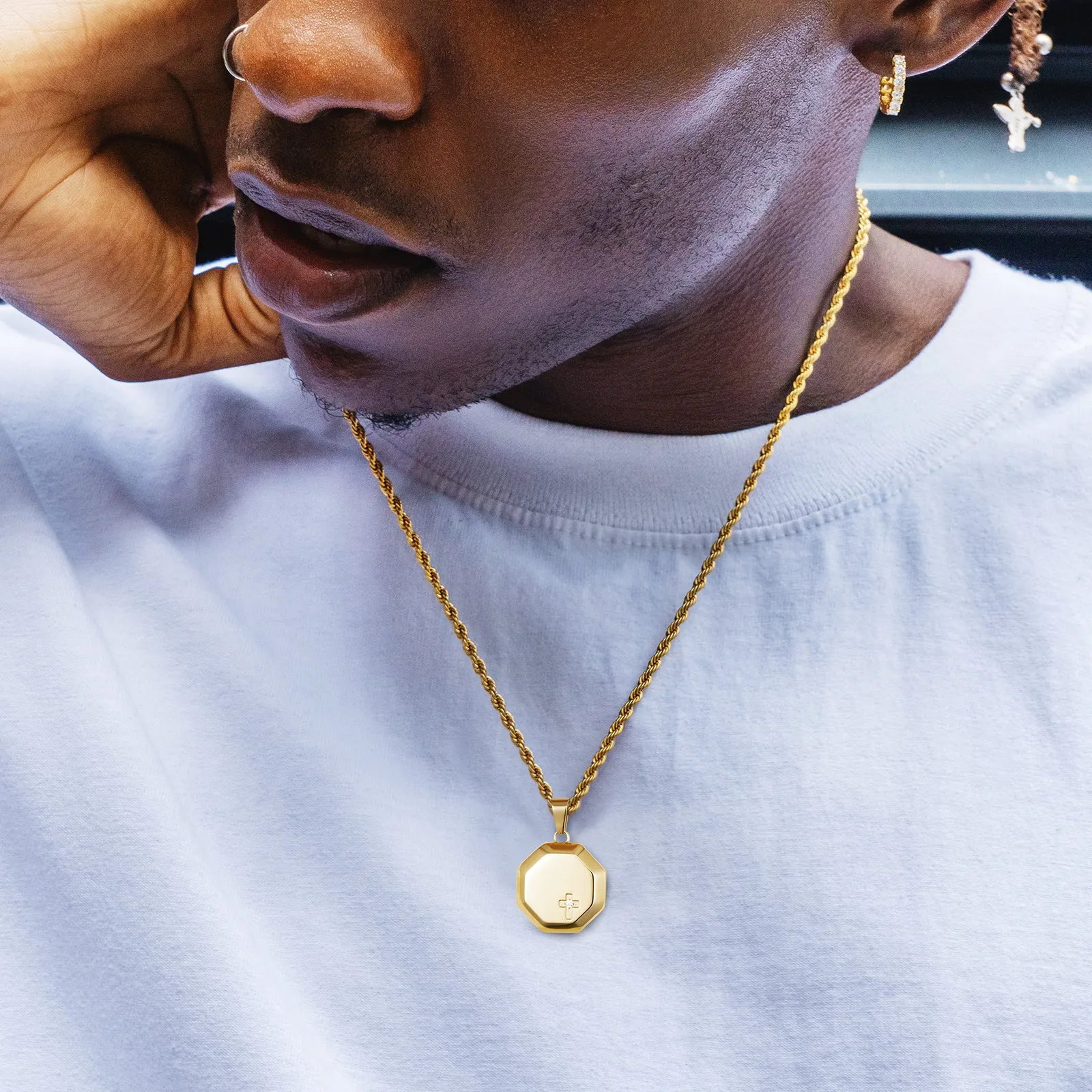 Hexagon Cross Gold Coin Pendant Necklace with Rope Chain for Men