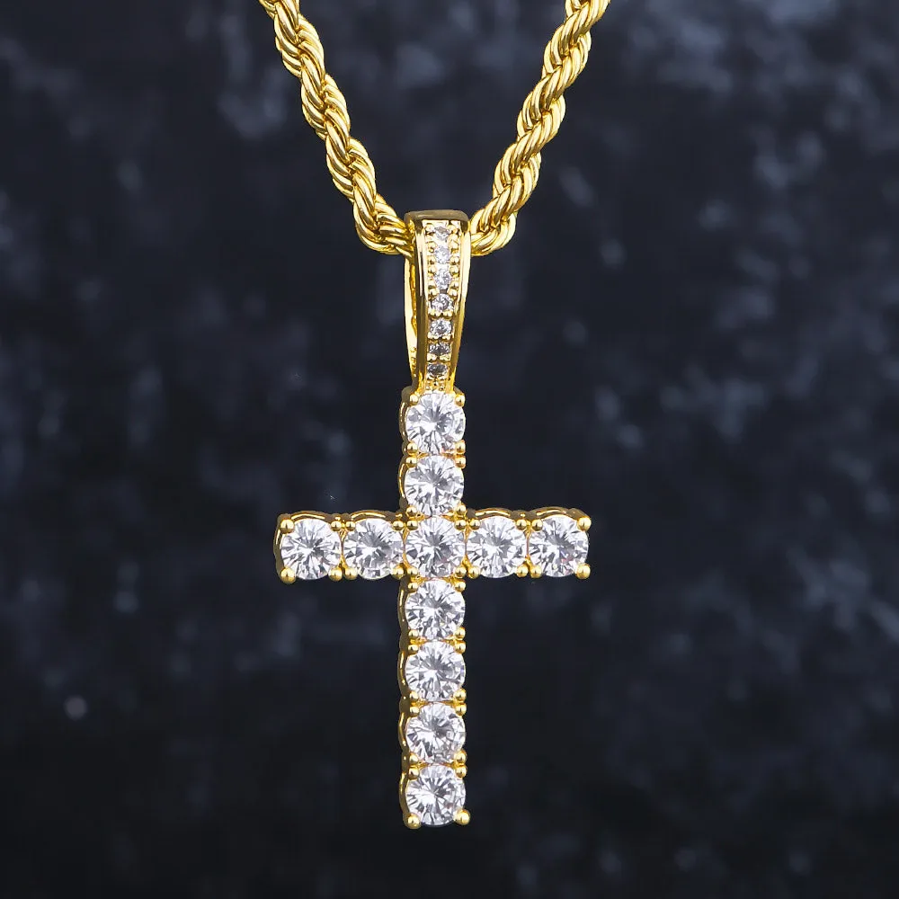 Iced Out Mens Cross Pendant Necklace in 14K Gold KRKC