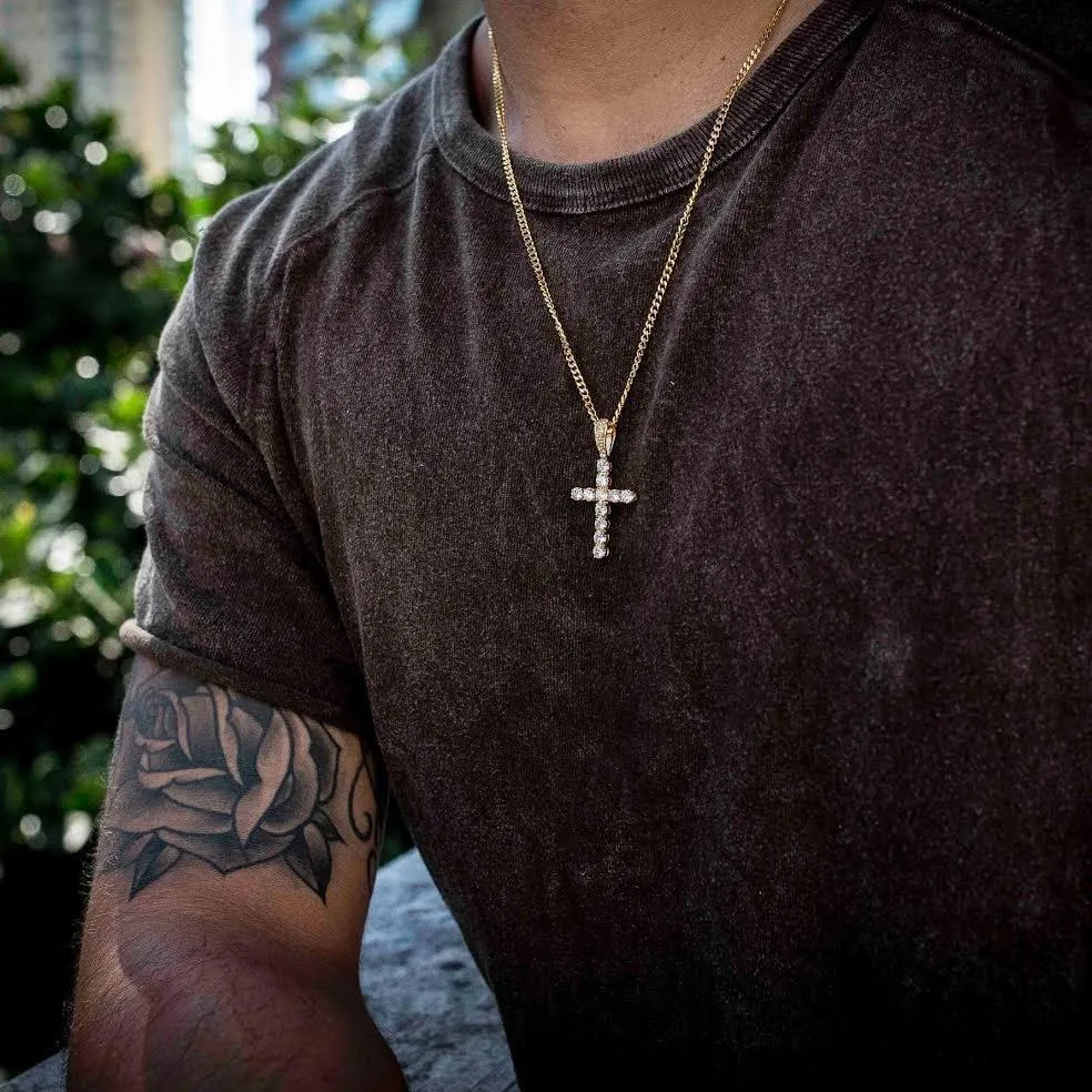 Iced Out Mens Cross Pendant Necklace in 14K Gold KRKC